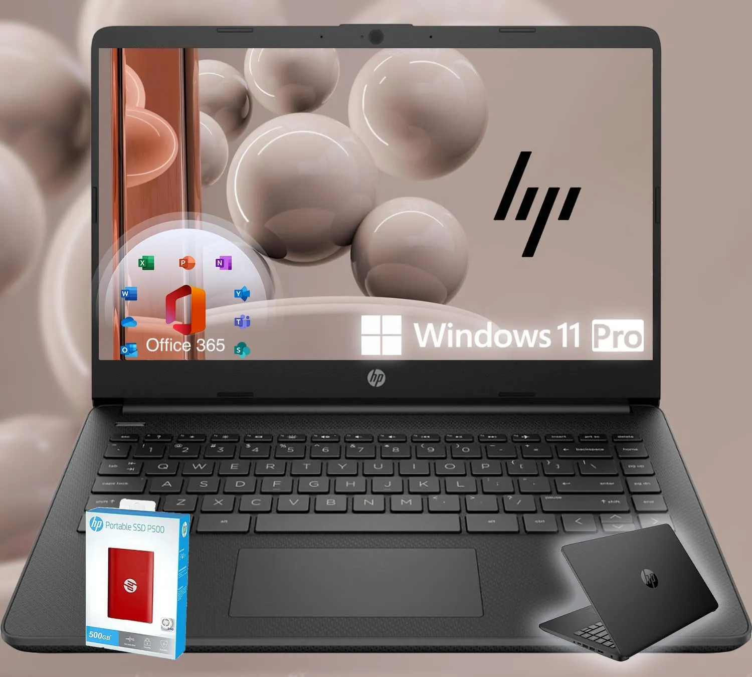 HP 14 Ultrabook • Intel 4-Core CPU • Back to School Limited Edition with Microsoft 365 • 16GB RAM • 1.6TB Storage (128GB OnBoard withHP 512GB P500 Portable SSD   1TB OneDrive) • Win 11 Pro • Black