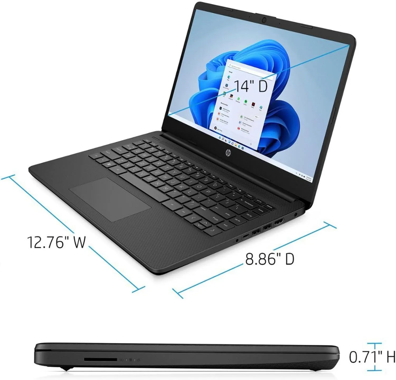 HP Portable Laptop, Student and Business, 14" HD Display, Intel Quad-Core N4120, 8GB DDR4 RAM, 64GB eMMC, 1 Year Office 365, Webcam, SD Card Reader, HDMI, Wi-Fi, Windows 11 Home, Black, KKE Mousepad