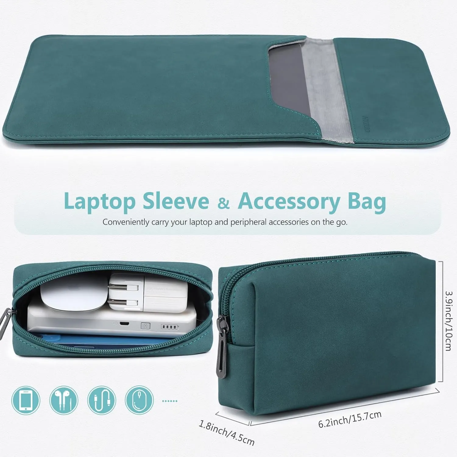 HYZUO 15-16 Inch Laptop Sleeve Compatible with MacBook Pro 16 M3/M2/M1 Pro/Max A2991 A2780 A2485 A2141 2024-2019, MacBook Pro 15 2012-2015, XPS 15, Faux Suede Leather Case with Small Bag, Dark Green