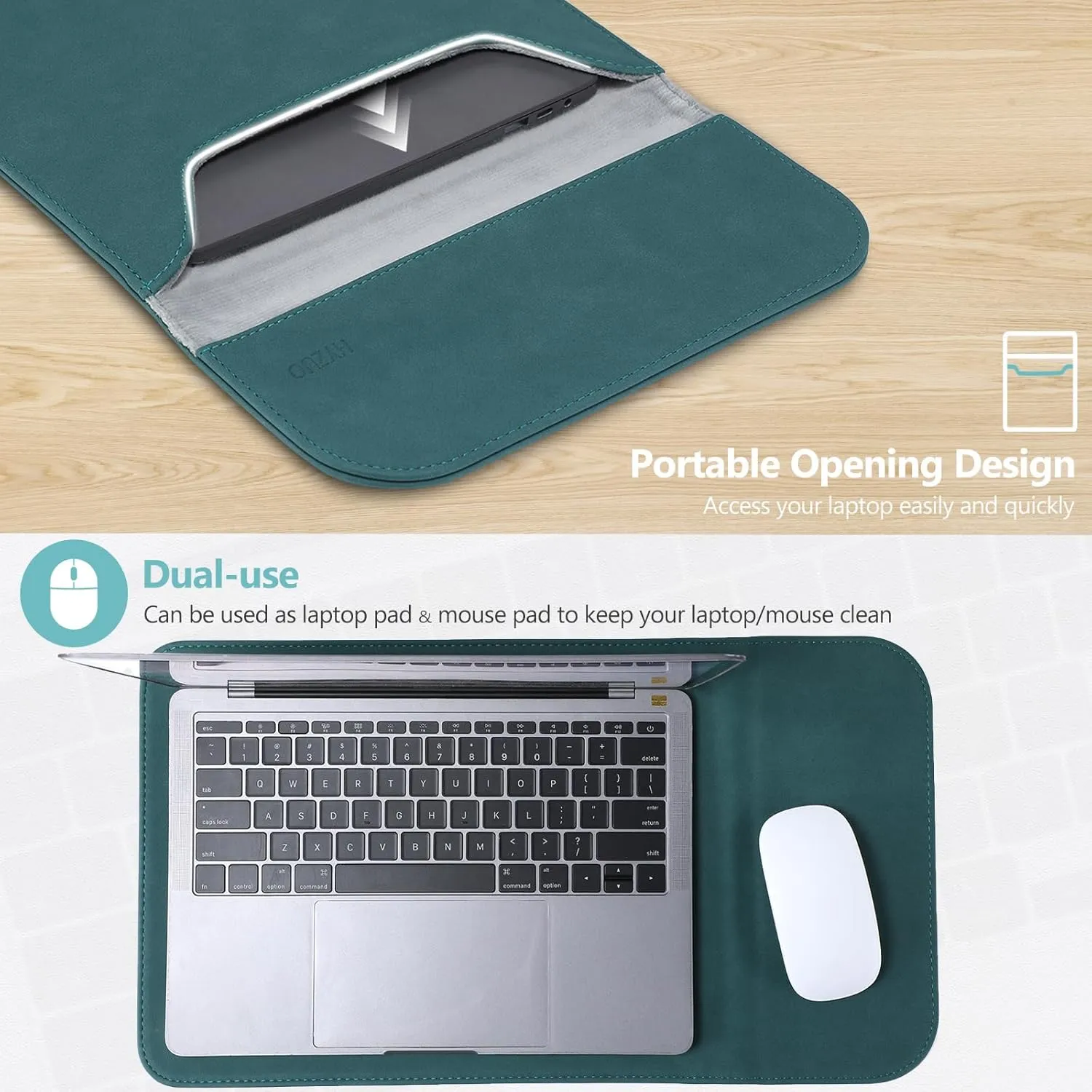 HYZUO 15-16 Inch Laptop Sleeve Compatible with MacBook Pro 16 M3/M2/M1 Pro/Max A2991 A2780 A2485 A2141 2024-2019, MacBook Pro 15 2012-2015, XPS 15, Faux Suede Leather Case with Small Bag, Dark Green
