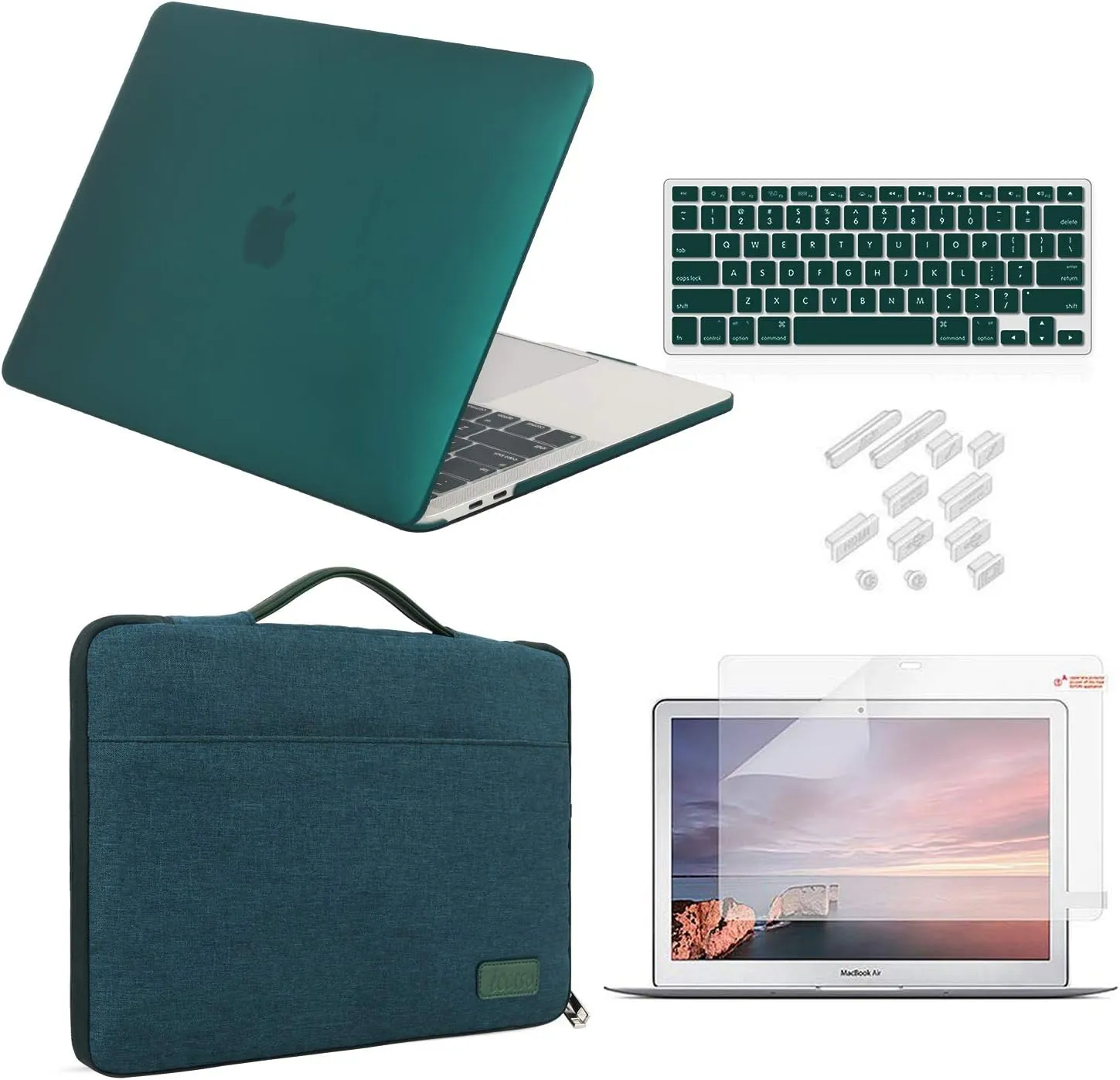 iCasso Case Compatible with MacBook Air 13 inch Case 2010-2017 Release Model A1369/A1466 Bundle Set, Plastic Hard Case Shell, Sleeve Bag, Screen Protector, Keyboard Cover and Dust Plug - Dark Cyan