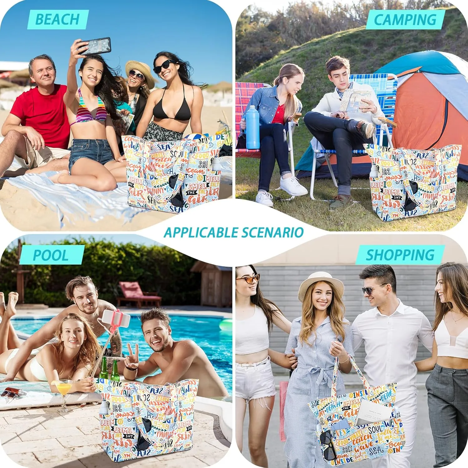 Iioscre Beach Bag for Women, Large Beach Tote Bag with Zipper Pockets, Waterproof Sandproof Swim Bag Pool Vacation Travel