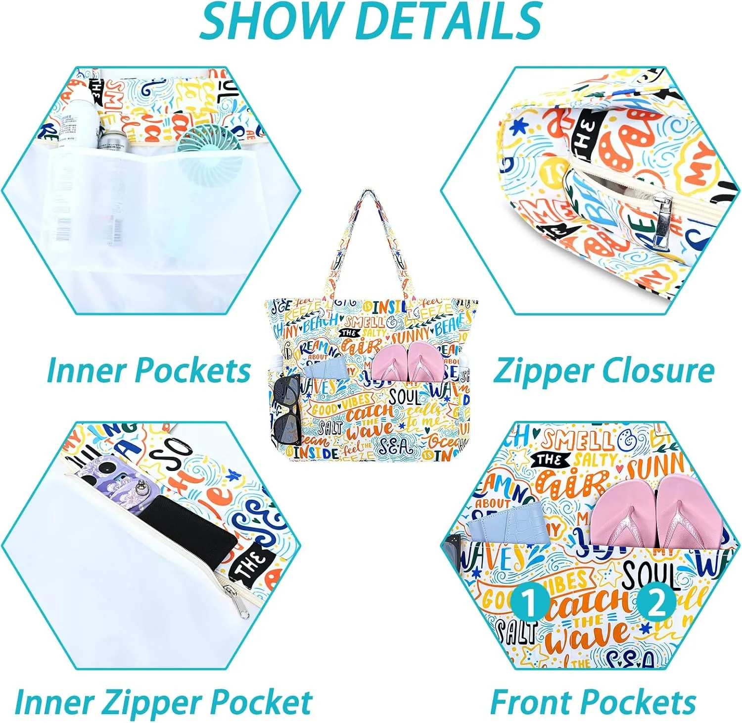 Iioscre Beach Bag for Women, Large Beach Tote Bag with Zipper Pockets, Waterproof Sandproof Swim Bag Pool Vacation Travel