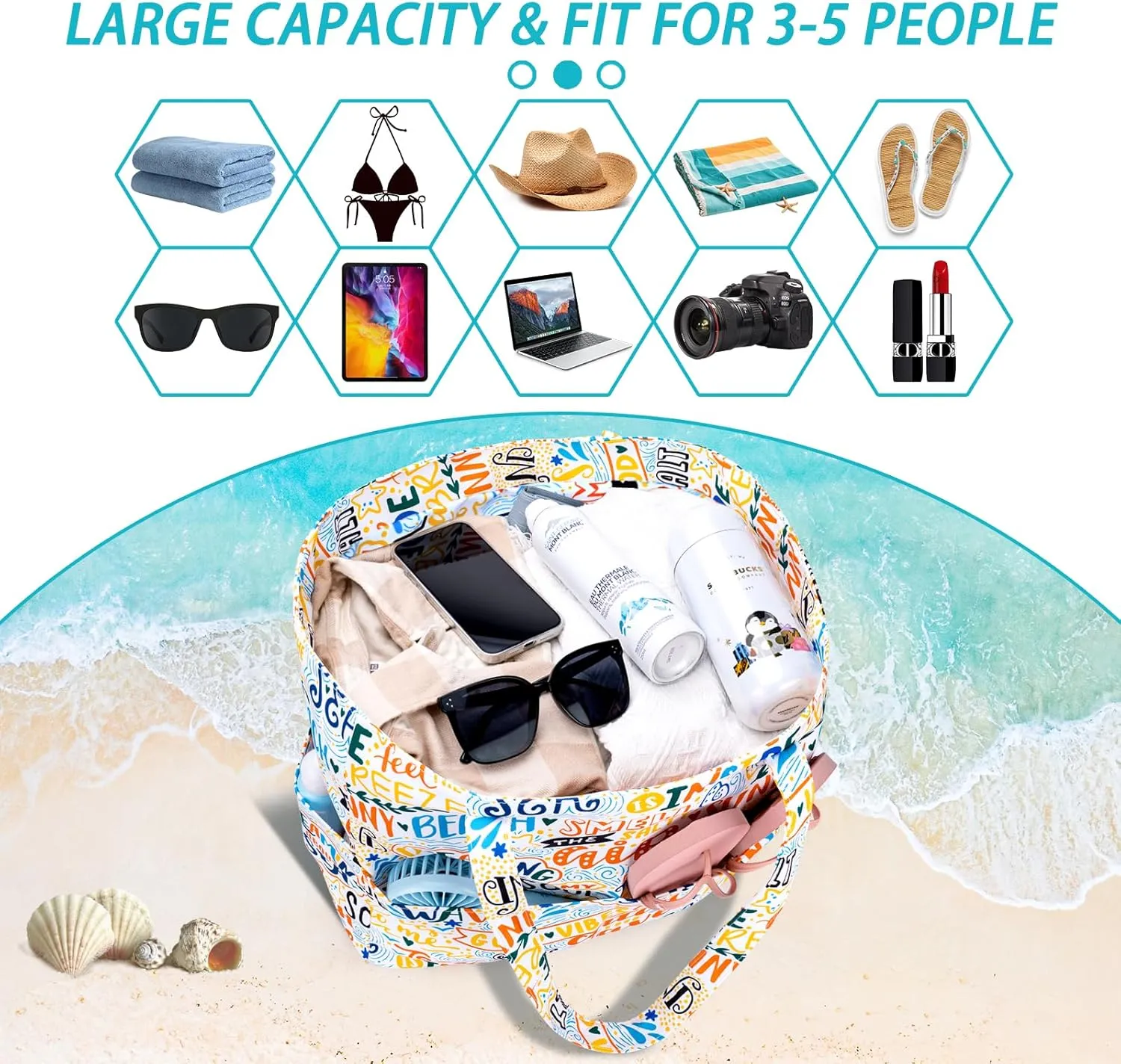 Iioscre Beach Bag for Women, Large Beach Tote Bag with Zipper Pockets, Waterproof Sandproof Swim Bag Pool Vacation Travel