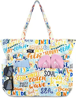 Iioscre Beach Bag for Women, Large Beach Tote Bag with Zipper Pockets, Waterproof Sandproof Swim Bag Pool Vacation Travel
