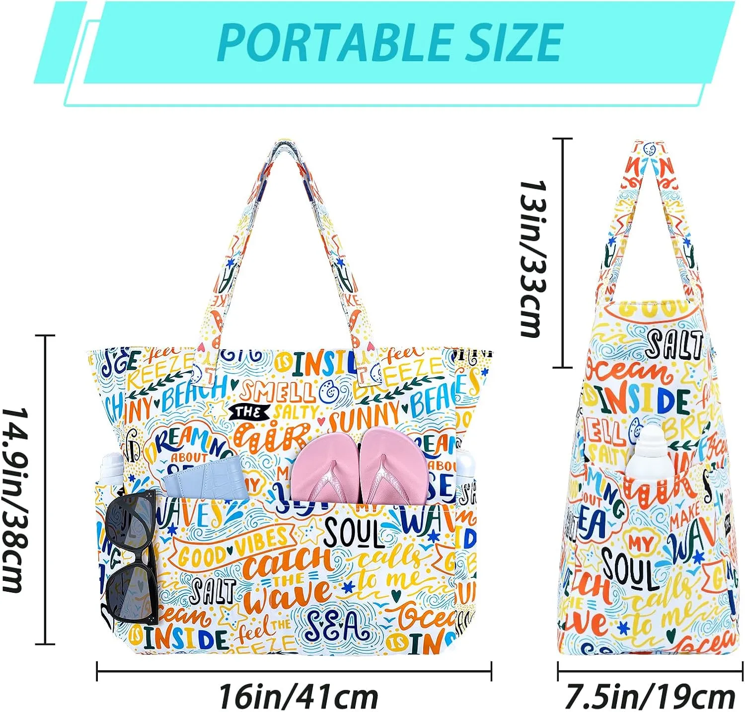 Iioscre Beach Bag for Women, Large Beach Tote Bag with Zipper Pockets, Waterproof Sandproof Swim Bag Pool Vacation Travel