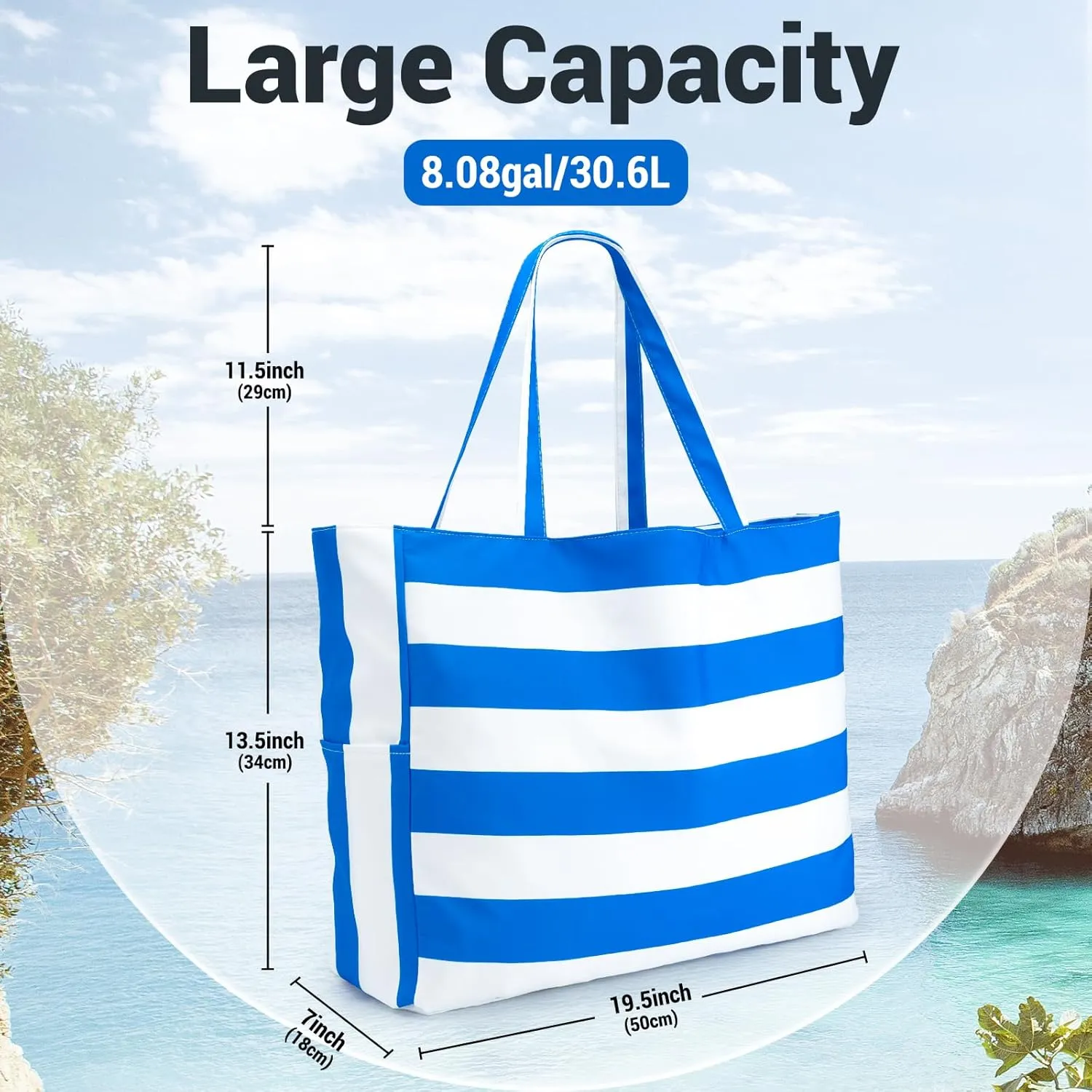Iioscre Beach Bag for Women,Waterproof Beach Tote with Zipper and Pocket, Sandproof Large Swim Pool Bag for Travel