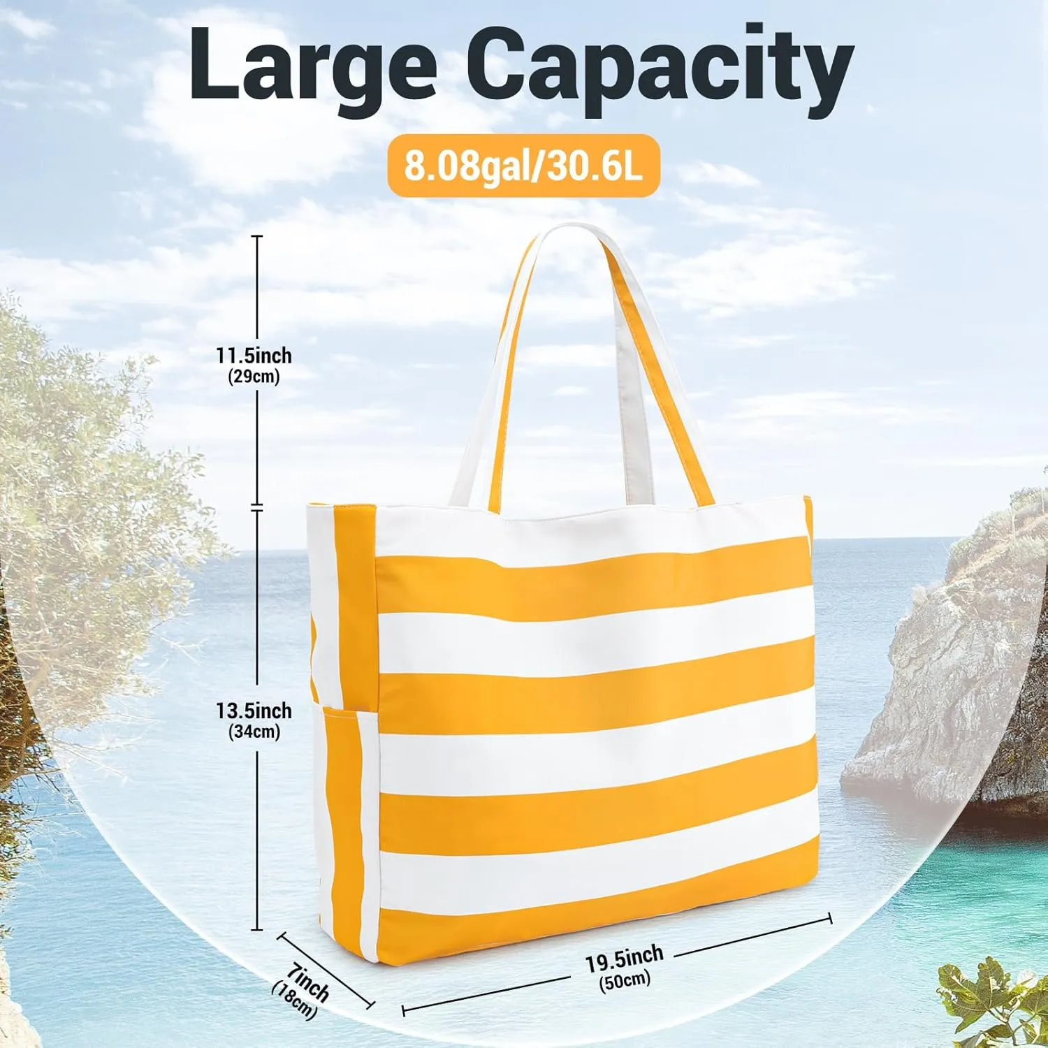 Iioscre Beach Bag for Women,Waterproof Beach Tote with Zipper and Pocket, Sandproof Large Swim Pool Bag for Travel