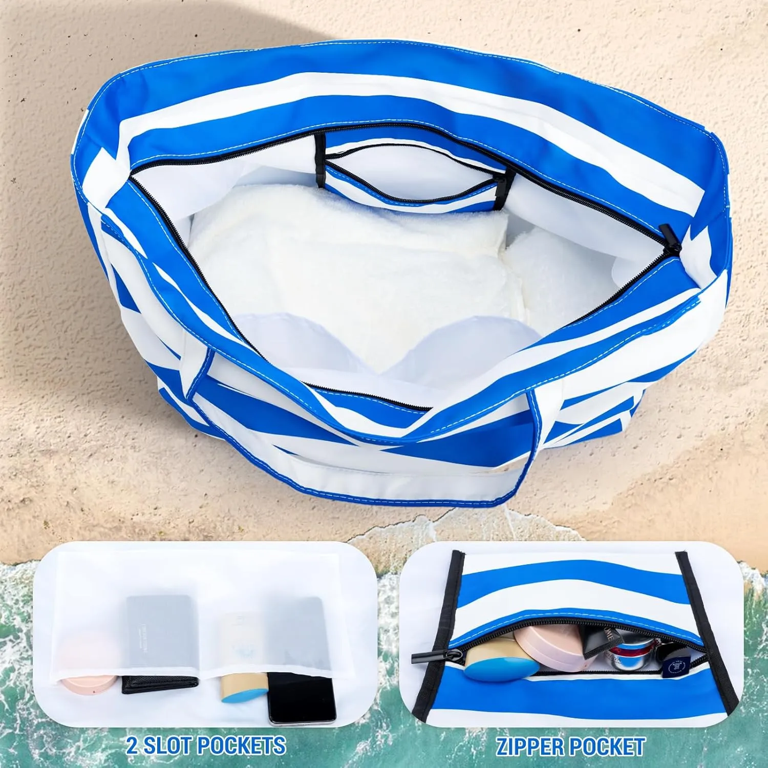 Iioscre Beach Bag for Women,Waterproof Beach Tote with Zipper and Pocket, Sandproof Large Swim Pool Bag for Travel