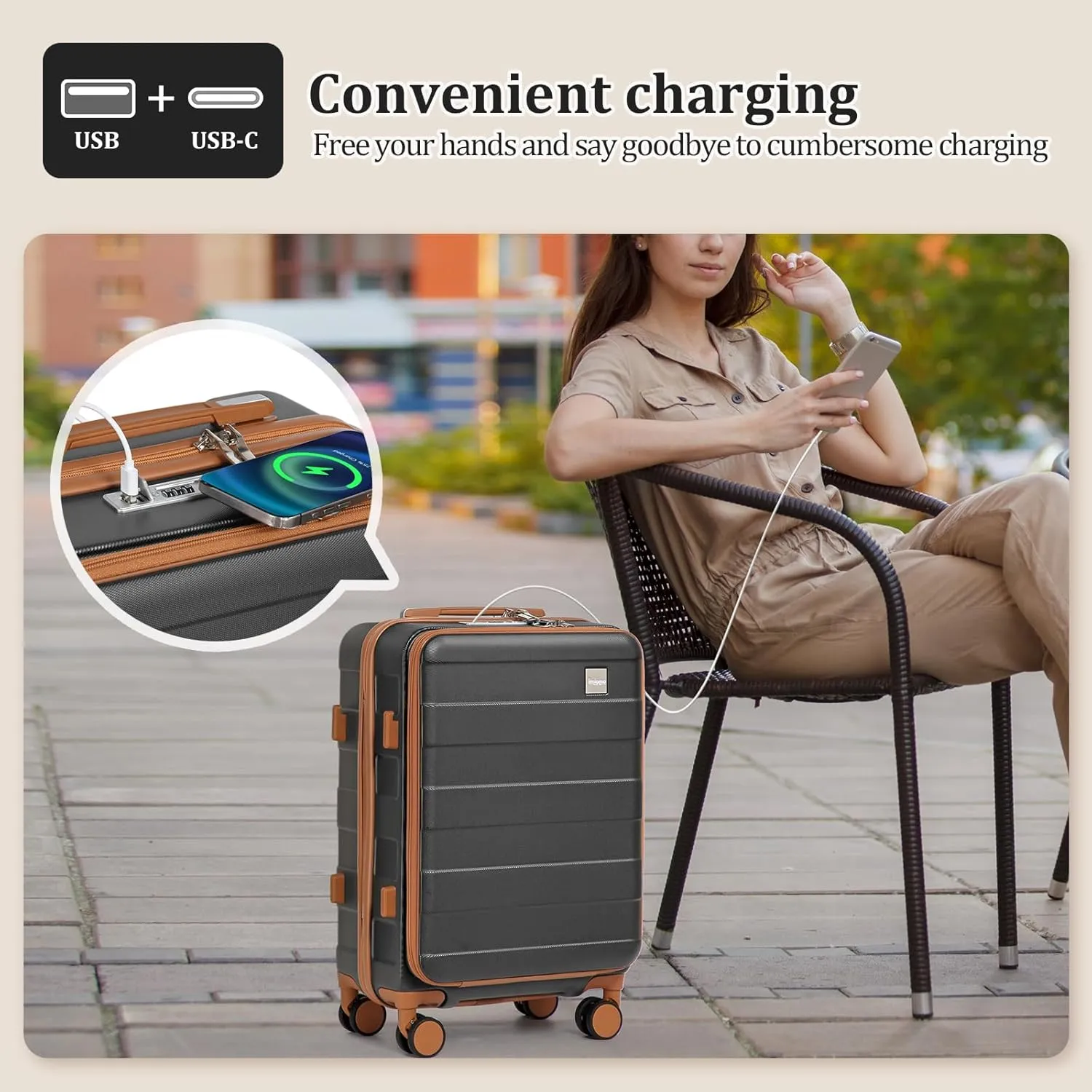 imiomo Carry on Luggage Airline Approved with TSA Lock, Hard Shell 20 Inch Travel Carry-on Suitcase with Spinner Wheels and Charging Port, Grey
