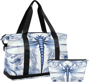 Indigo Dragonfly Sports Gym Bag,Travel Duffel bag with Wet Pocket & Shoes Compartment Lightweight Waterproof Overnight Bag for Men Women