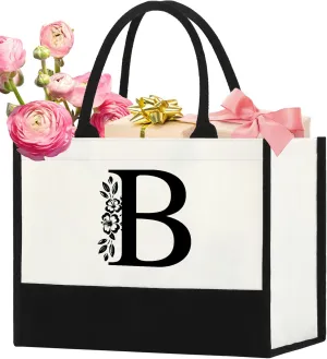 Initial Canvas Tote Bag, Personalized Christmas Birthday Gifts for Women Friend Sister Mom Teacher Bridesmaid, Monogrammed Women Tote Bag for Wedding Birthday Beach Holiday
