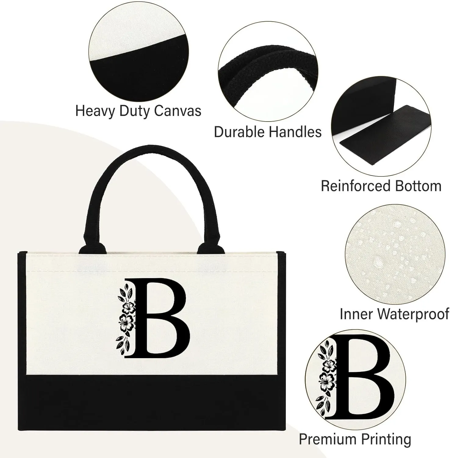 Initial Canvas Tote Bag, Personalized Christmas Birthday Gifts for Women Friend Sister Mom Teacher Bridesmaid, Monogrammed Women Tote Bag for Wedding Birthday Beach Holiday