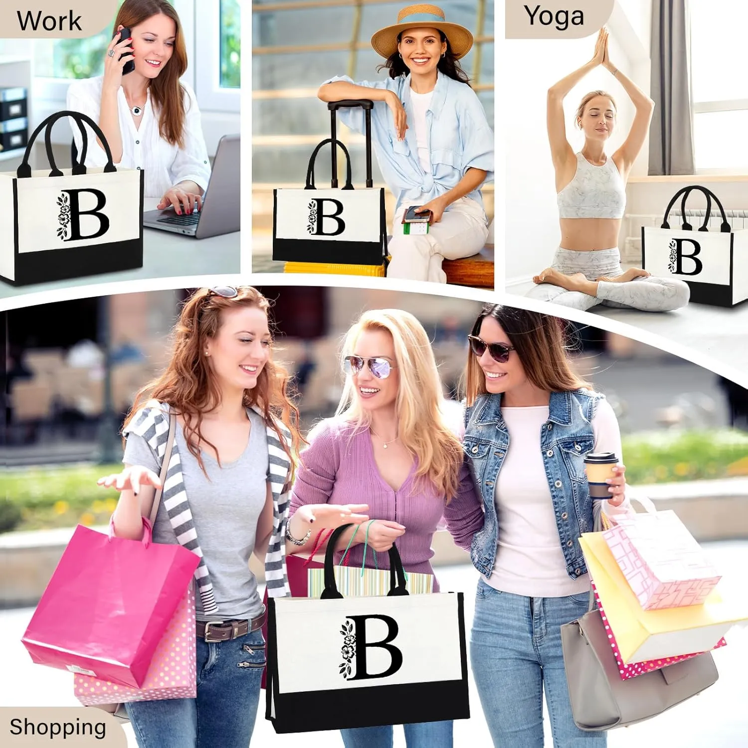 Initial Canvas Tote Bag, Personalized Christmas Birthday Gifts for Women Friend Sister Mom Teacher Bridesmaid, Monogrammed Women Tote Bag for Wedding Birthday Beach Holiday
