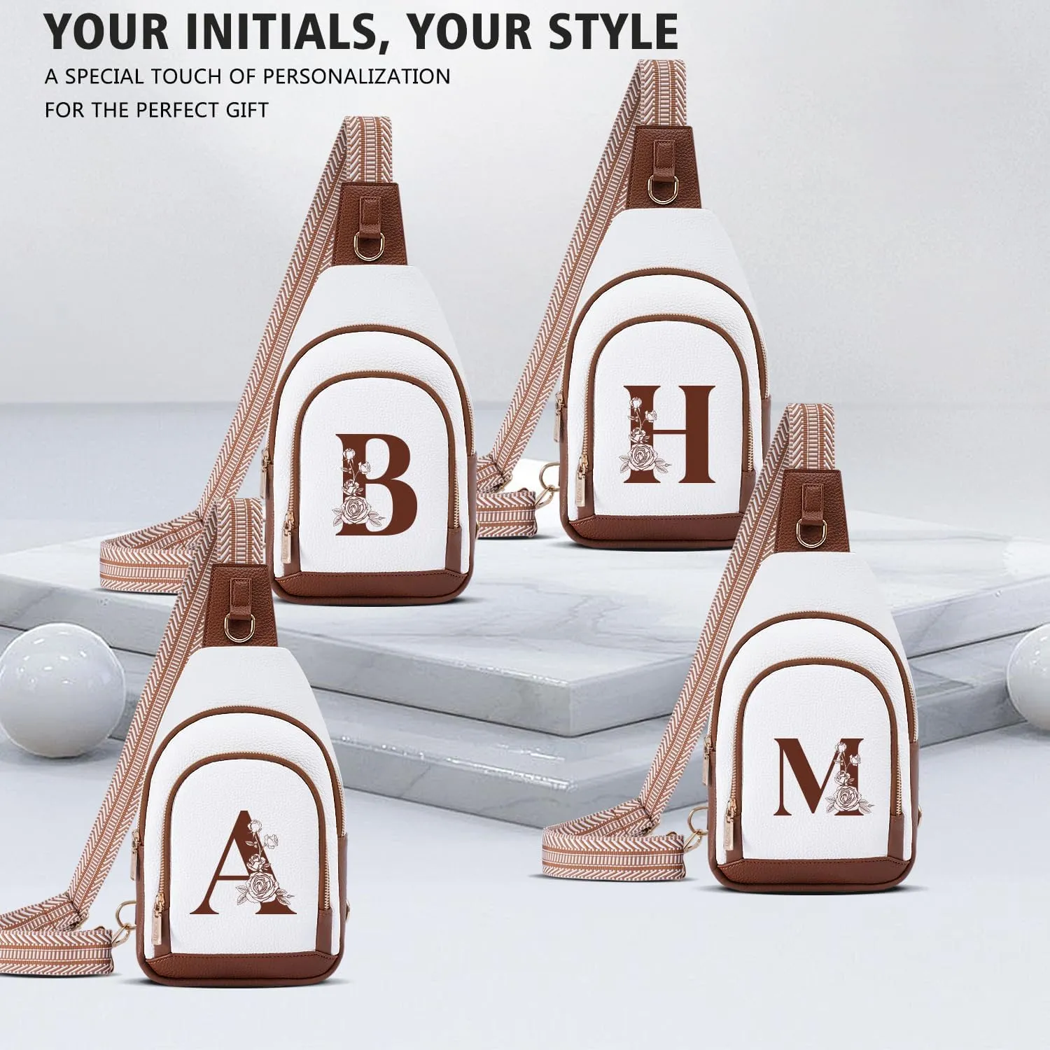 Initial Women Crossbody Bag Sling Shoulder Purse Fanny Pack Side Cross Body Small Leather Belt Backpack Bridal Wedding Bachelorette Engaged Valentines Day 1 Year Anniversary Party Special Present