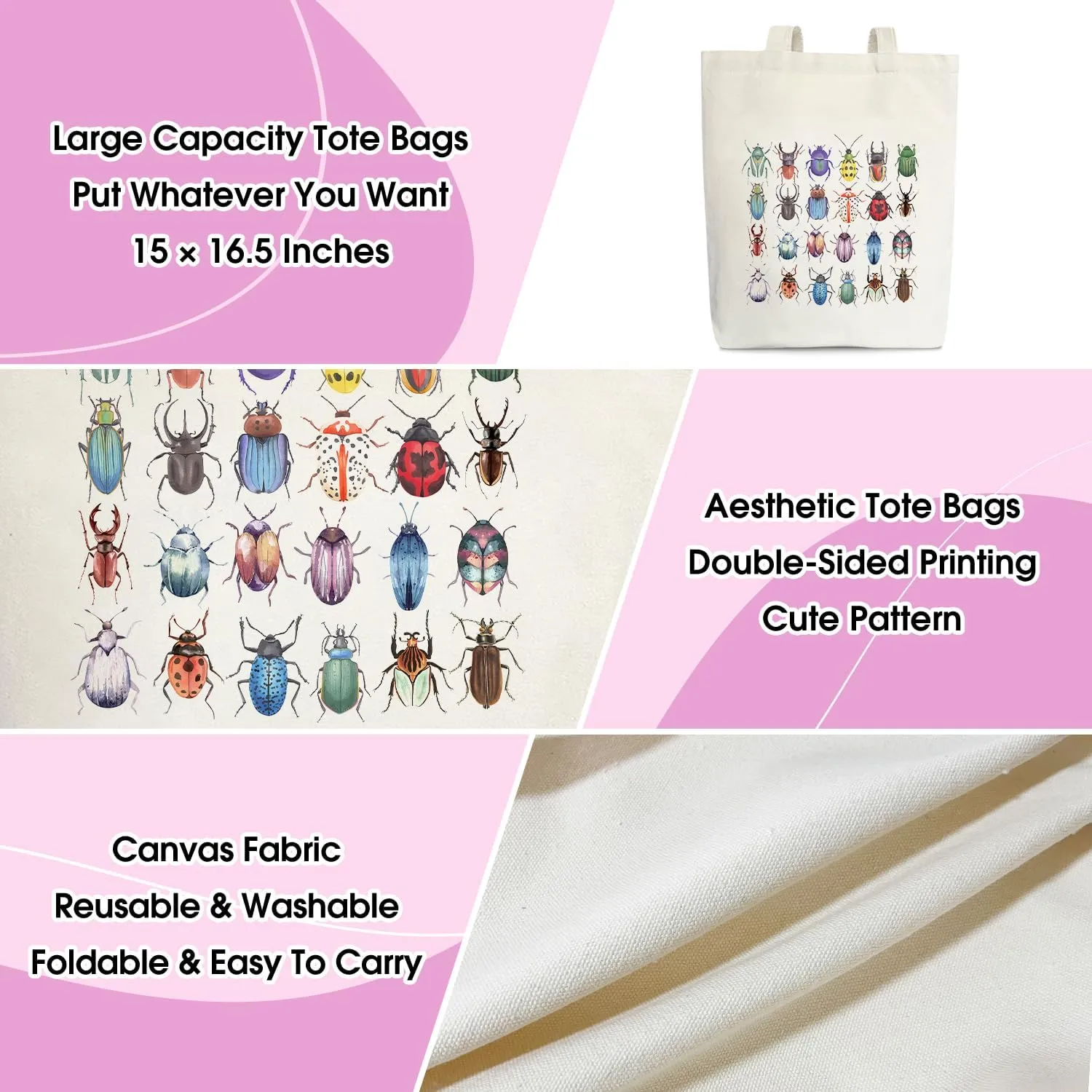 Insect Canvas Gift Tote for Women - Entomologist Gift, Beetles Lover, Teen, Daughter - Reusable Grocery, Beach, Shoulder Bag /A69