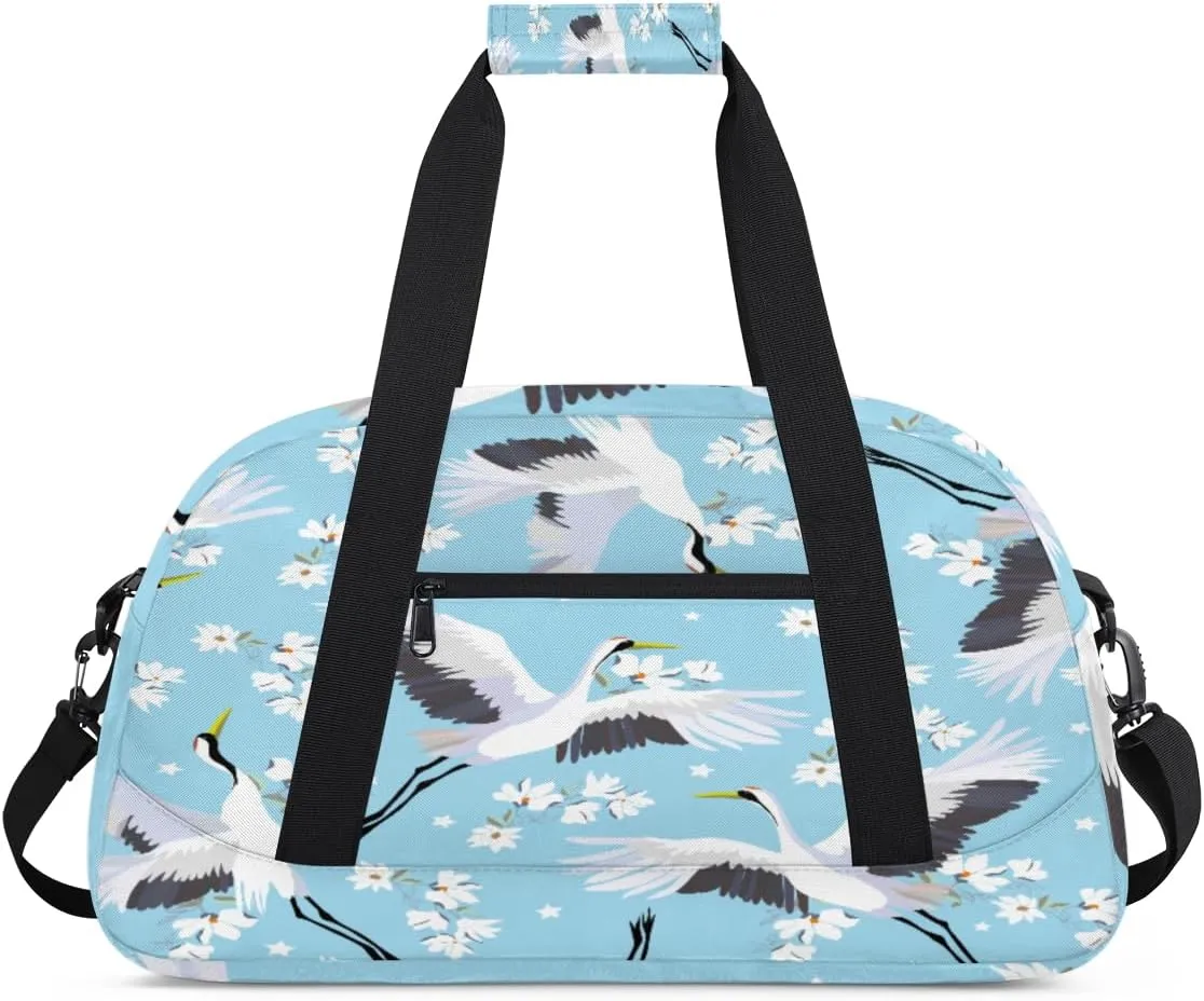 Interesting Crane Gym Duffel Bag for Men Women Elegant Floral Sports Tote Bag with Adjustable Shoulder Strap for Dance Gymnastics Traveling Outdoor Camping Overnight Stay