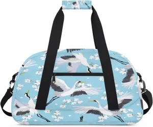 Interesting Crane Gym Duffel Bag for Men Women Elegant Floral Sports Tote Bag with Adjustable Shoulder Strap for Dance Gymnastics Traveling Outdoor Camping Overnight Stay