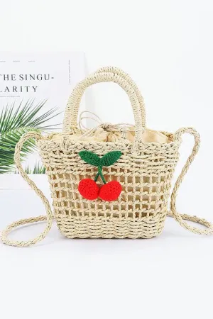 Ivory Handmade Straw Crossbody Bag with Crochet Cherry Charm – Summer Beach Purse