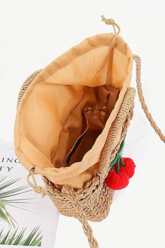 Ivory Handmade Straw Crossbody Bag with Crochet Cherry Charm – Summer Beach Purse