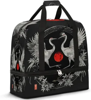 Japanese Crane Travel Duffel Bag for Women Men, Crane Flower Sports Gym Bag with Shoes Compartment Foldable Overnight Bag Weekender Tote Workout Carry On Luggage Bag