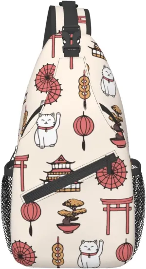 Japanese Lucky Cats Asian Oriental Sling Bag for Men Women Crossbody Backpack Travel Hiking Daypack Shoulder Chest Bag with Adjustable Strap