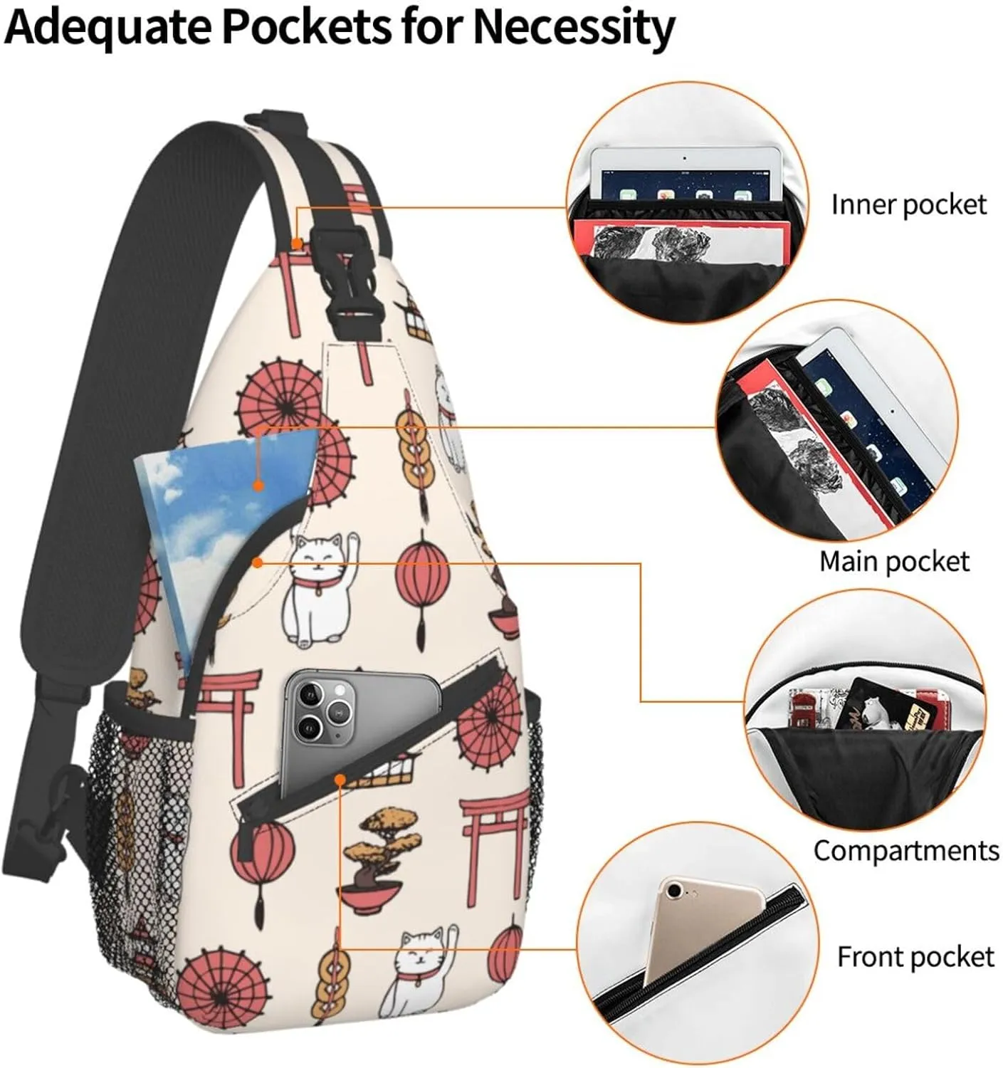 Japanese Lucky Cats Asian Oriental Sling Bag for Men Women Crossbody Backpack Travel Hiking Daypack Shoulder Chest Bag with Adjustable Strap