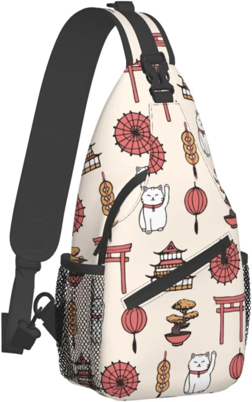 Japanese Lucky Cats Asian Oriental Sling Bag for Men Women Crossbody Backpack Travel Hiking Daypack Shoulder Chest Bag with Adjustable Strap