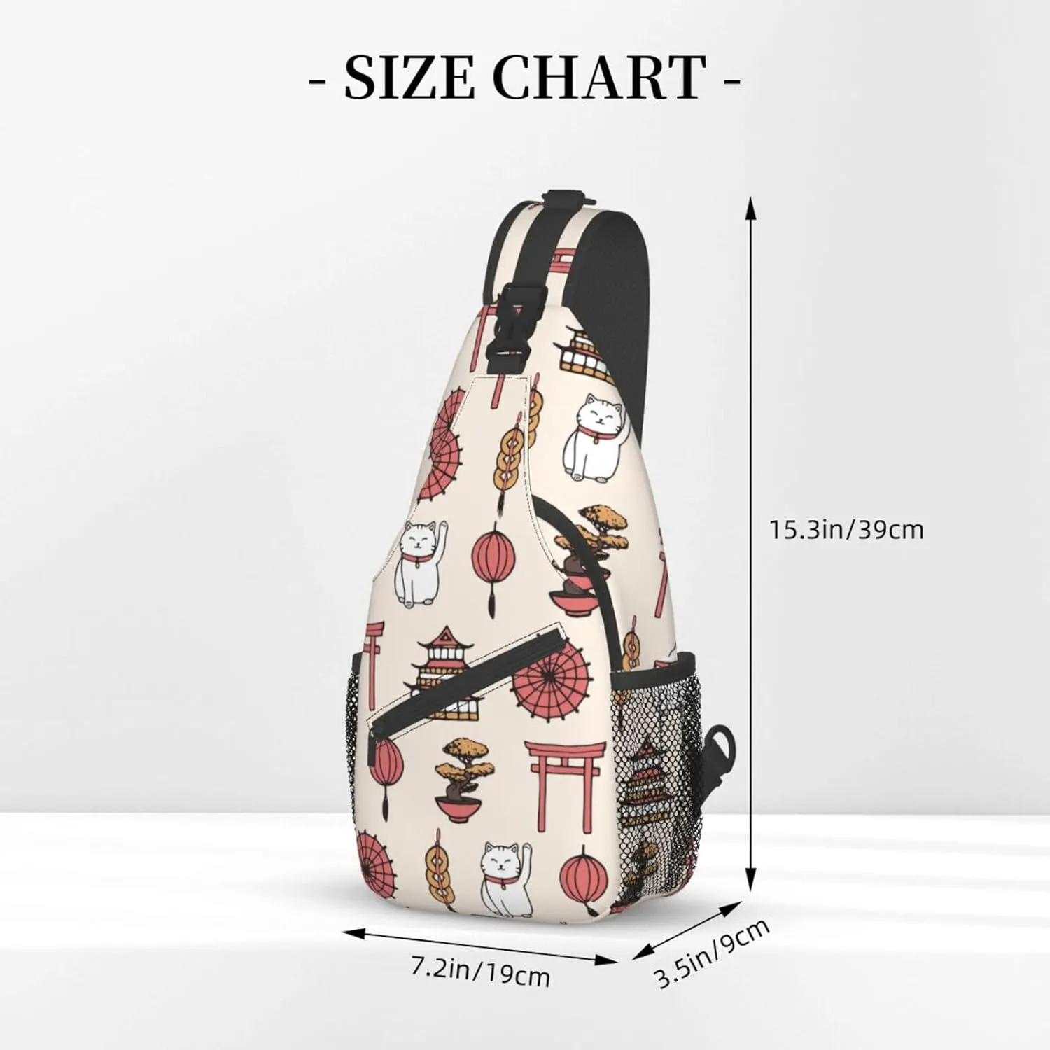 Japanese Lucky Cats Asian Oriental Sling Bag for Men Women Crossbody Backpack Travel Hiking Daypack Shoulder Chest Bag with Adjustable Strap