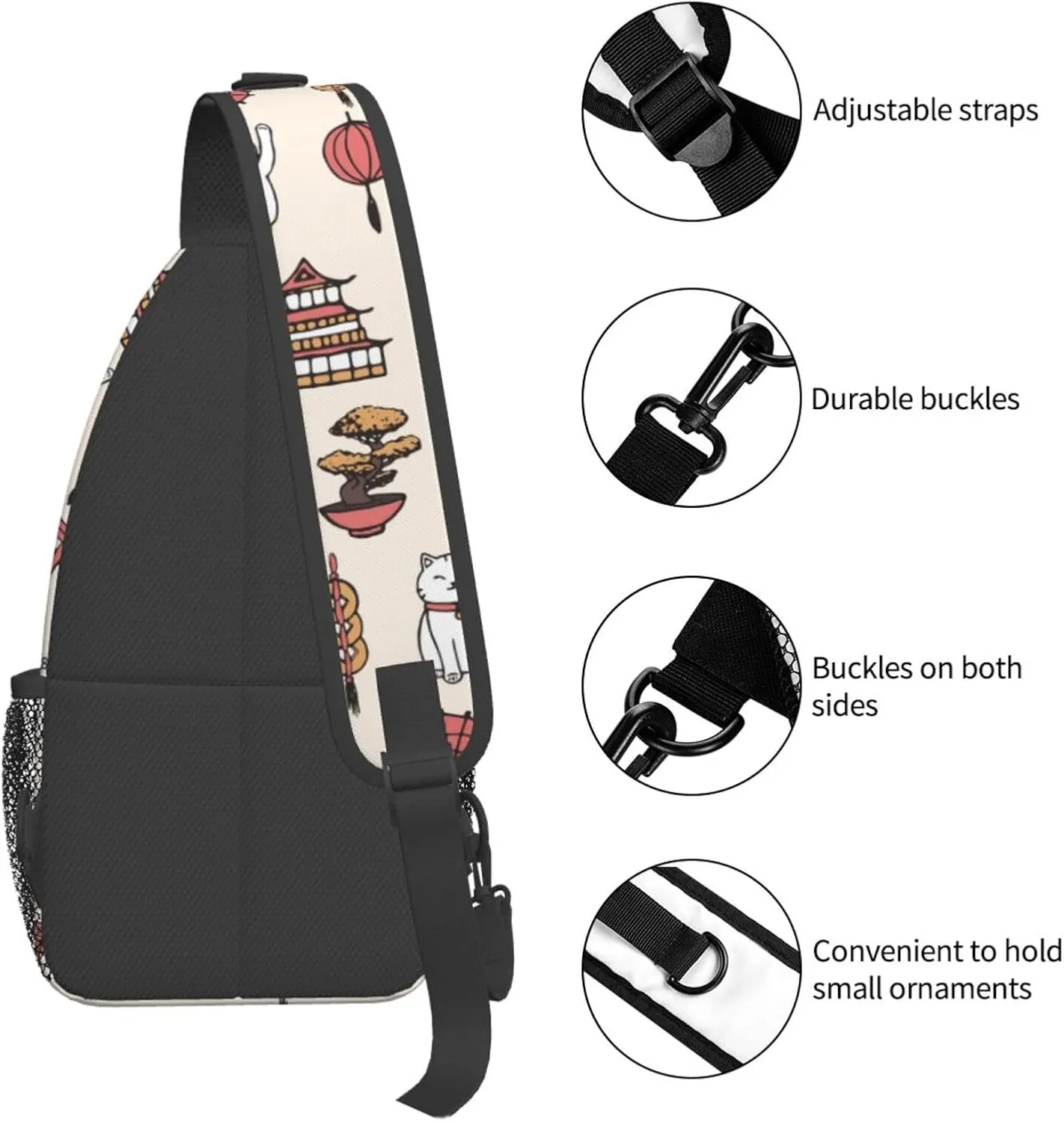 Japanese Lucky Cats Asian Oriental Sling Bag for Men Women Crossbody Backpack Travel Hiking Daypack Shoulder Chest Bag with Adjustable Strap