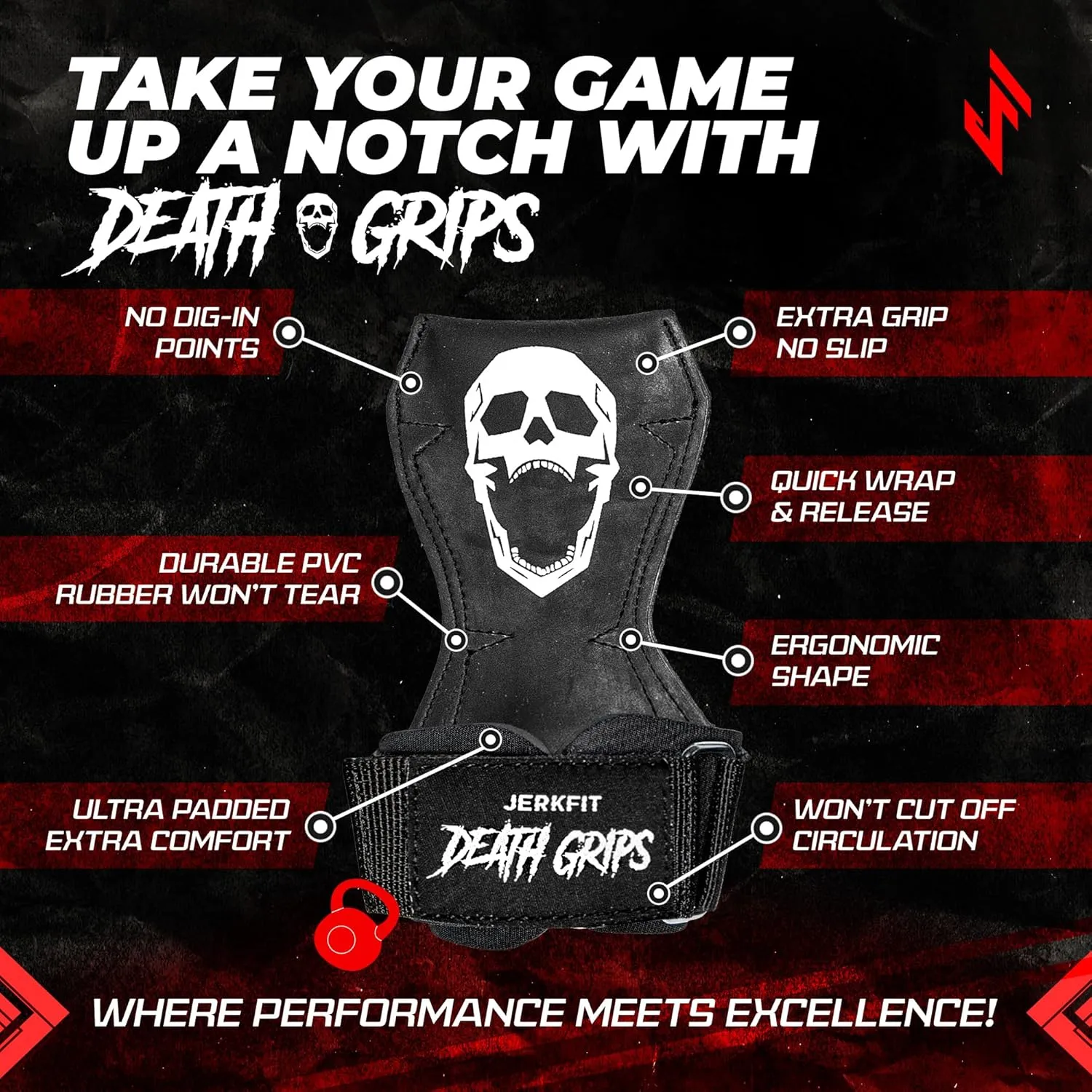 JerkFit Death Grips Premium Lifting Straps - Car Tire Grade Rubber PVC Wrist Straps for Shrugs, Pull Ups & Deadlifts with Neoprene Padded Support