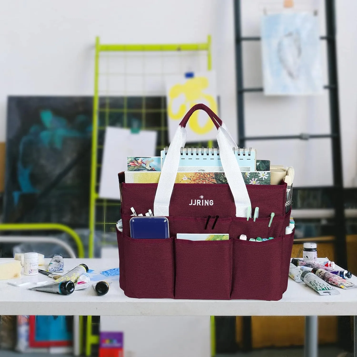 JJRING Craft Organizer Tote Bag, Large Art Storage Caddy with Multiple Pockets, Dark Red Sewing Bag for Art, Craft, Scrapbooking, School, Medical, and Office Supplies Storage