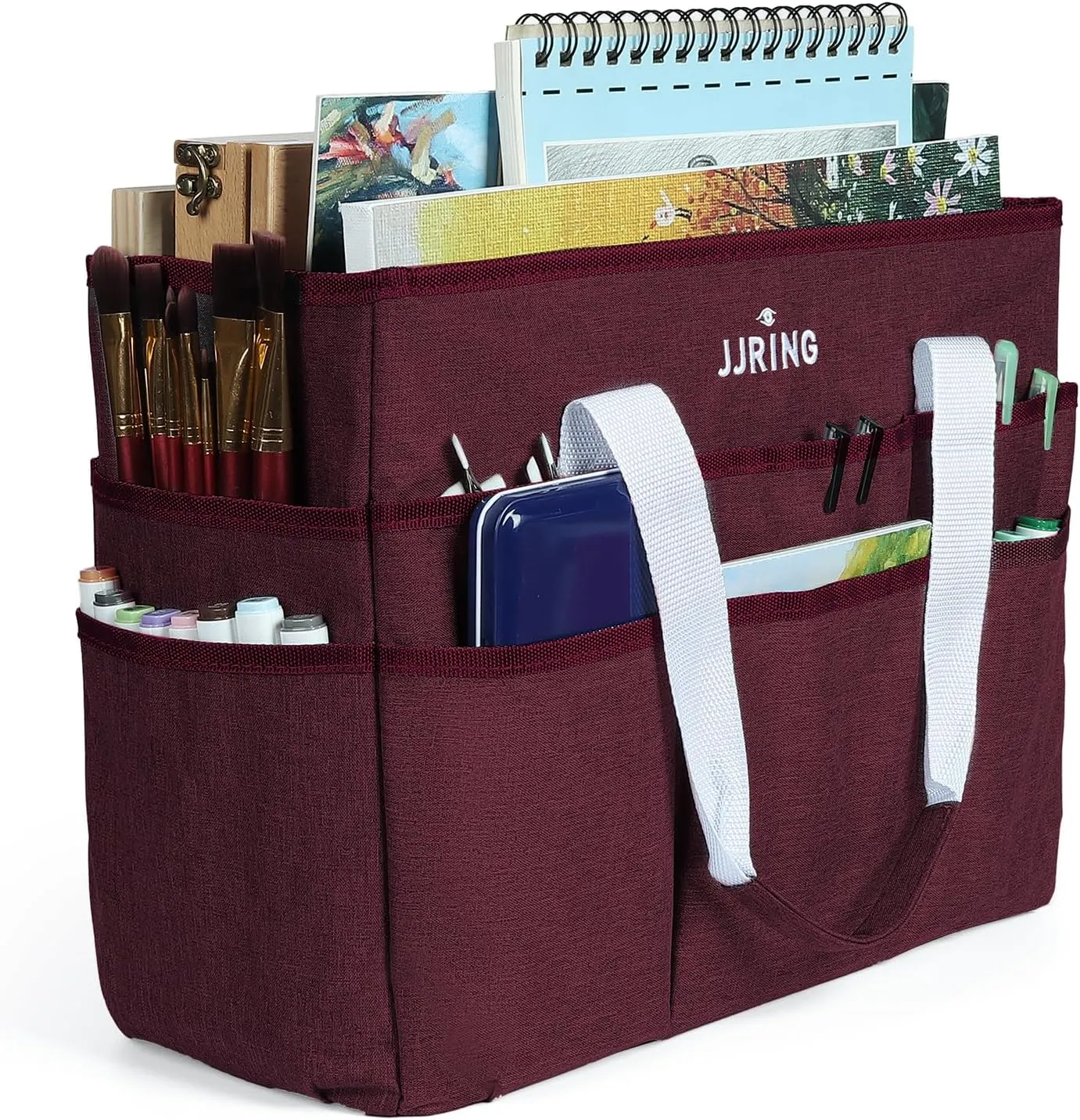 JJRING Craft Organizer Tote Bag, Large Art Storage Caddy with Multiple Pockets, Dark Red Sewing Bag for Art, Craft, Scrapbooking, School, Medical, and Office Supplies Storage