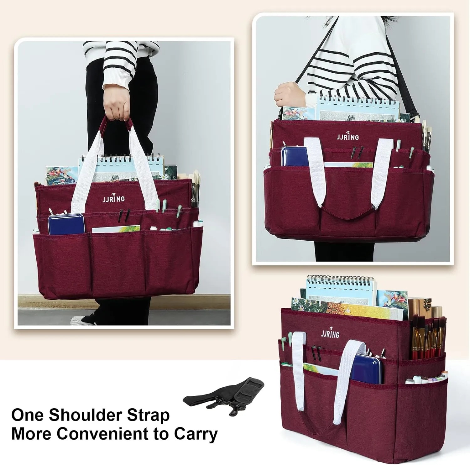 JJRING Craft Organizer Tote Bag, Large Art Storage Caddy with Multiple Pockets, Dark Red Sewing Bag for Art, Craft, Scrapbooking, School, Medical, and Office Supplies Storage