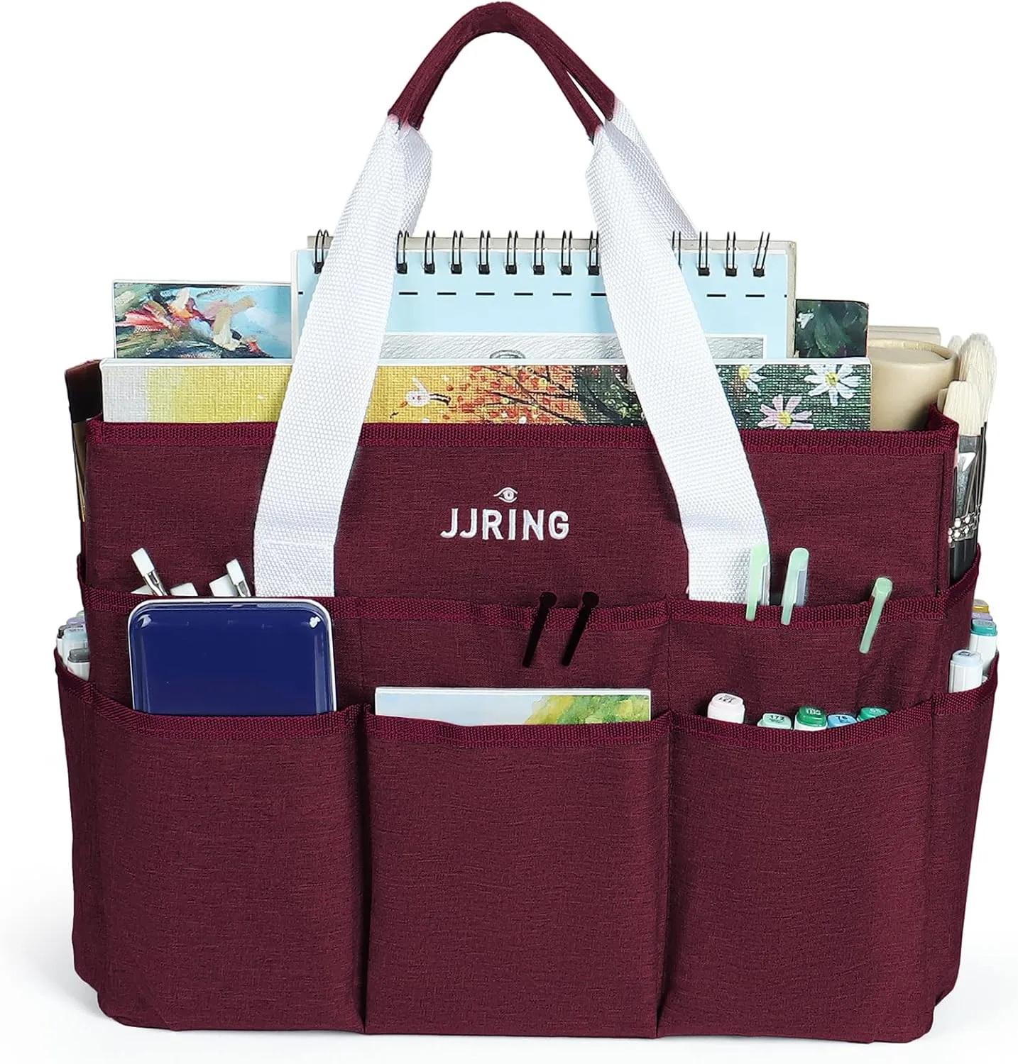 JJRING Craft Organizer Tote Bag, Large Art Storage Caddy with Multiple Pockets, Dark Red Sewing Bag for Art, Craft, Scrapbooking, School, Medical, and Office Supplies Storage