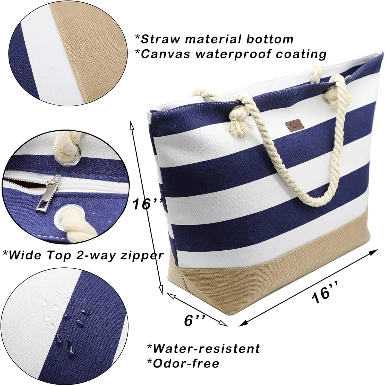 JNF Extra Large Canvas Beach Bags for Women Shoulder Bag Beach Tote Bag with Cotton Rope Handles