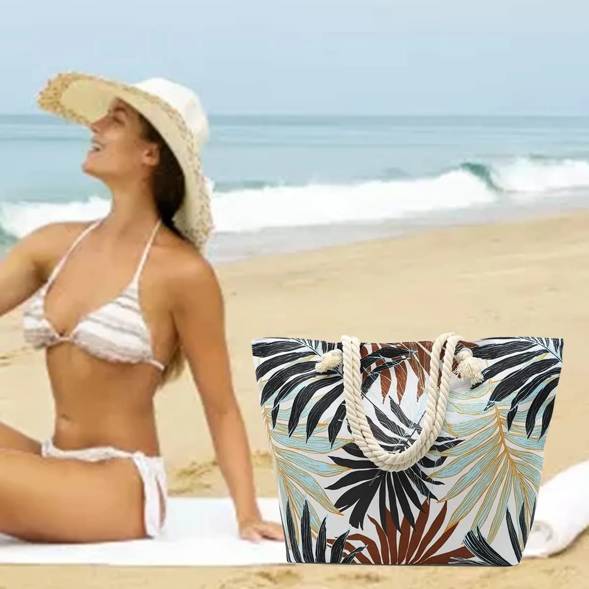 JNF Extra Large Canvas Beach Bags for Women Shoulder Bag Beach Tote Bag with Cotton Rope Handles