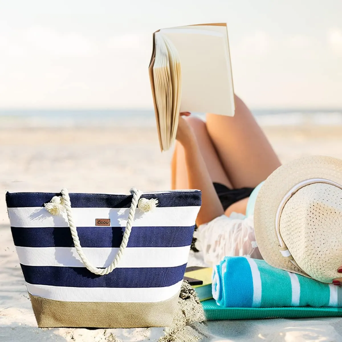 JNF Extra Large Canvas Beach Bags for Women Shoulder Bag Beach Tote Bag with Cotton Rope Handles