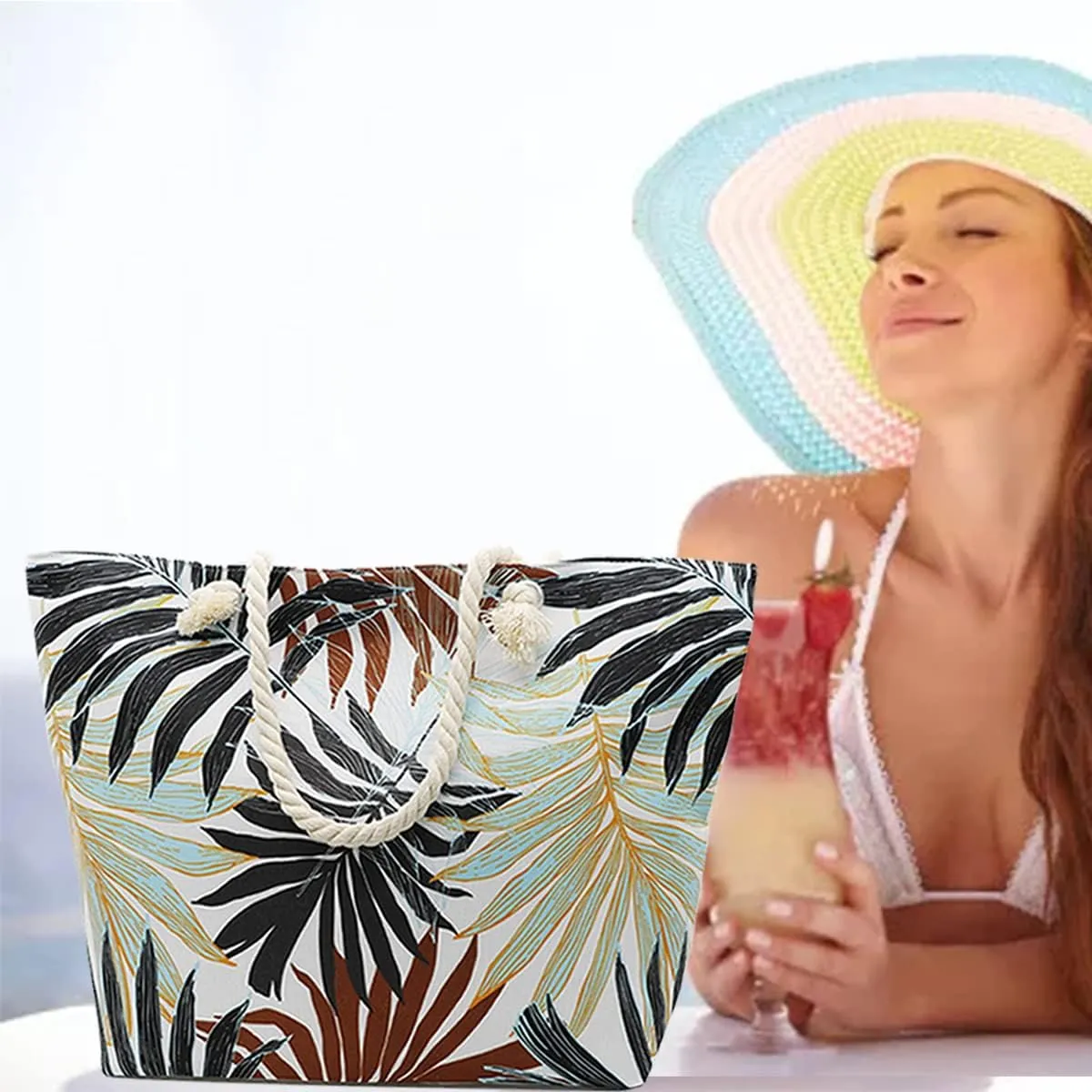 JNF Extra Large Canvas Beach Bags for Women Shoulder Bag Beach Tote Bag with Cotton Rope Handles