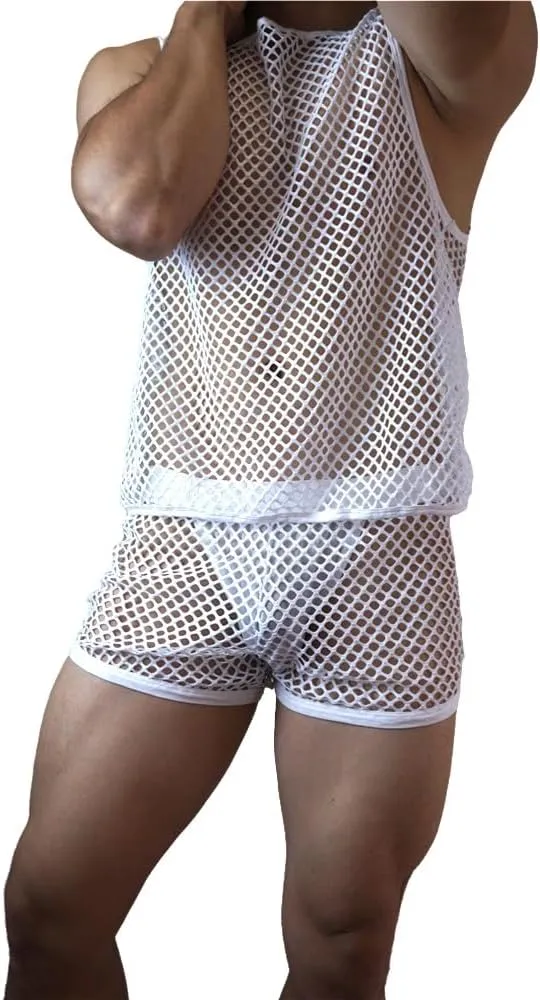 JOCKMAIL Men's Mesh Tank Top and Boxer Briefs Set Sexy Fishnet Sleeveless Vest with Breathable Boxer Underwear for Gym, Club