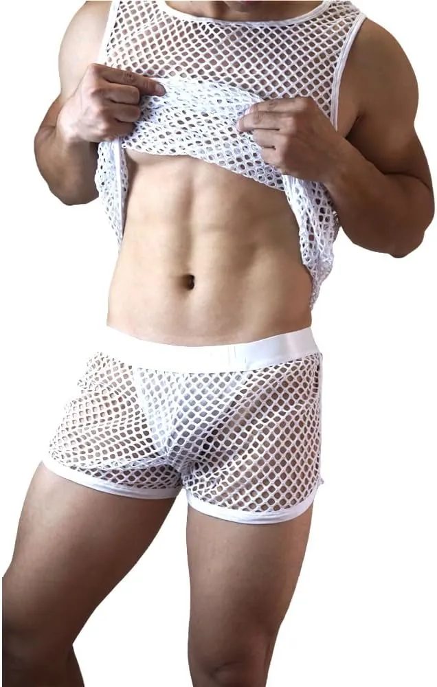 JOCKMAIL Men's Mesh Tank Top and Boxer Briefs Set Sexy Fishnet Sleeveless Vest with Breathable Boxer Underwear for Gym, Club