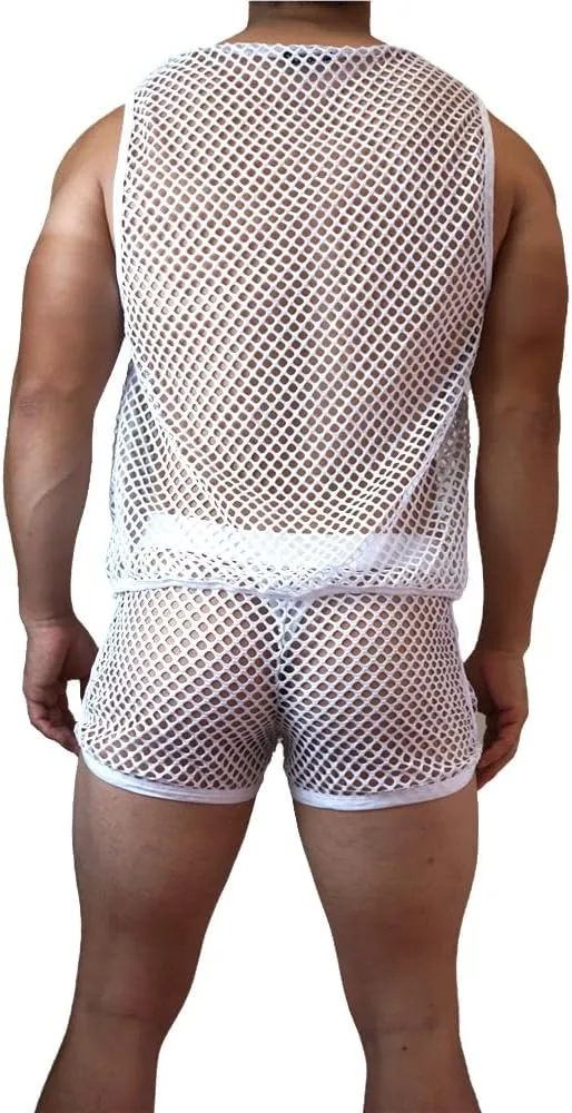 JOCKMAIL Men's Mesh Tank Top and Boxer Briefs Set Sexy Fishnet Sleeveless Vest with Breathable Boxer Underwear for Gym, Club