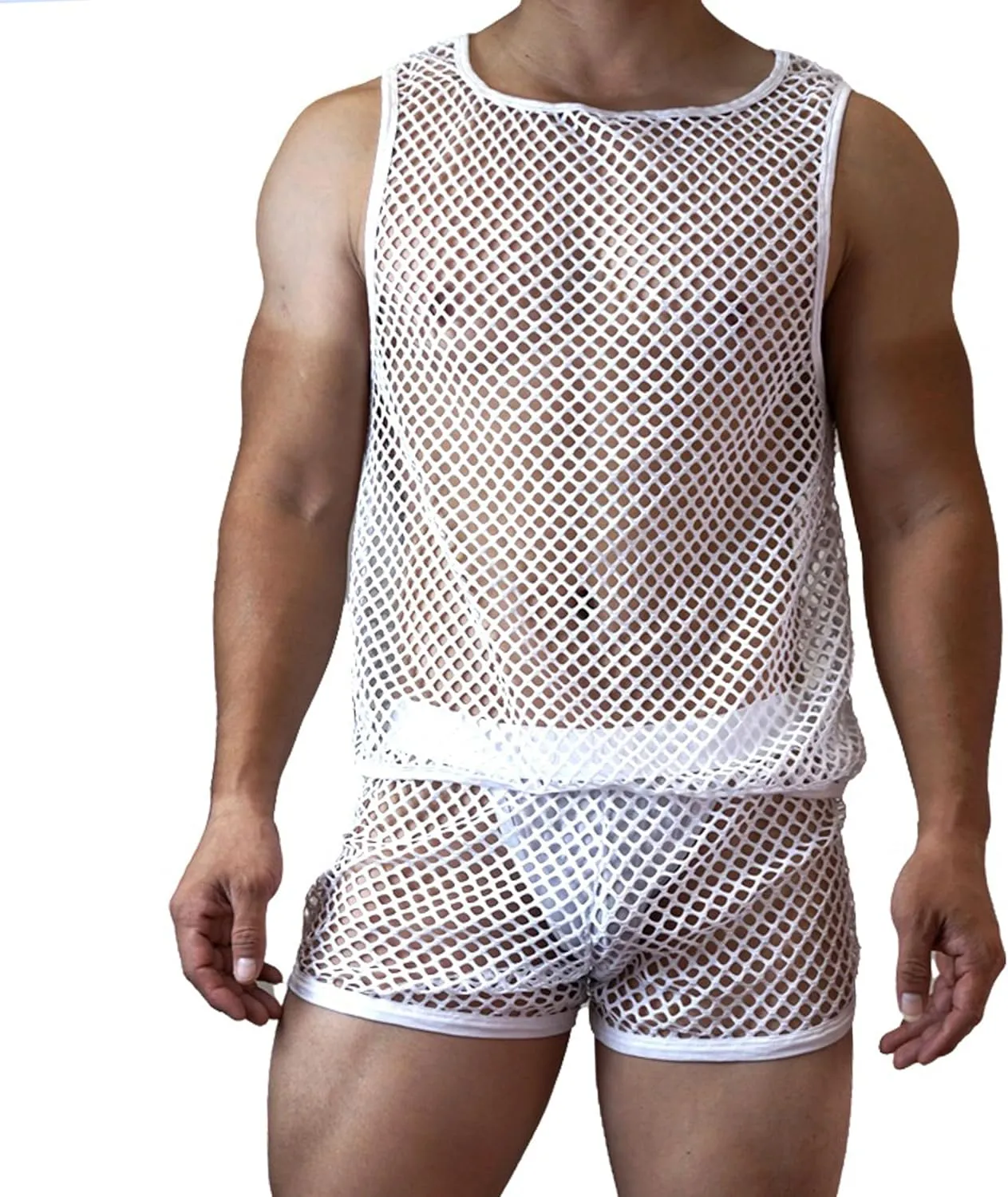 JOCKMAIL Men's Mesh Tank Top and Boxer Briefs Set Sexy Fishnet Sleeveless Vest with Breathable Boxer Underwear for Gym, Club