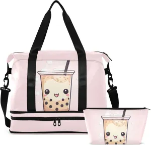 Kawaii Bubble Tea Gym Bag for Women & Men,Duffel Bag with Shoe Pocket,Weekender Overnight Bag with Trolley Sleeve for Travel 21217175