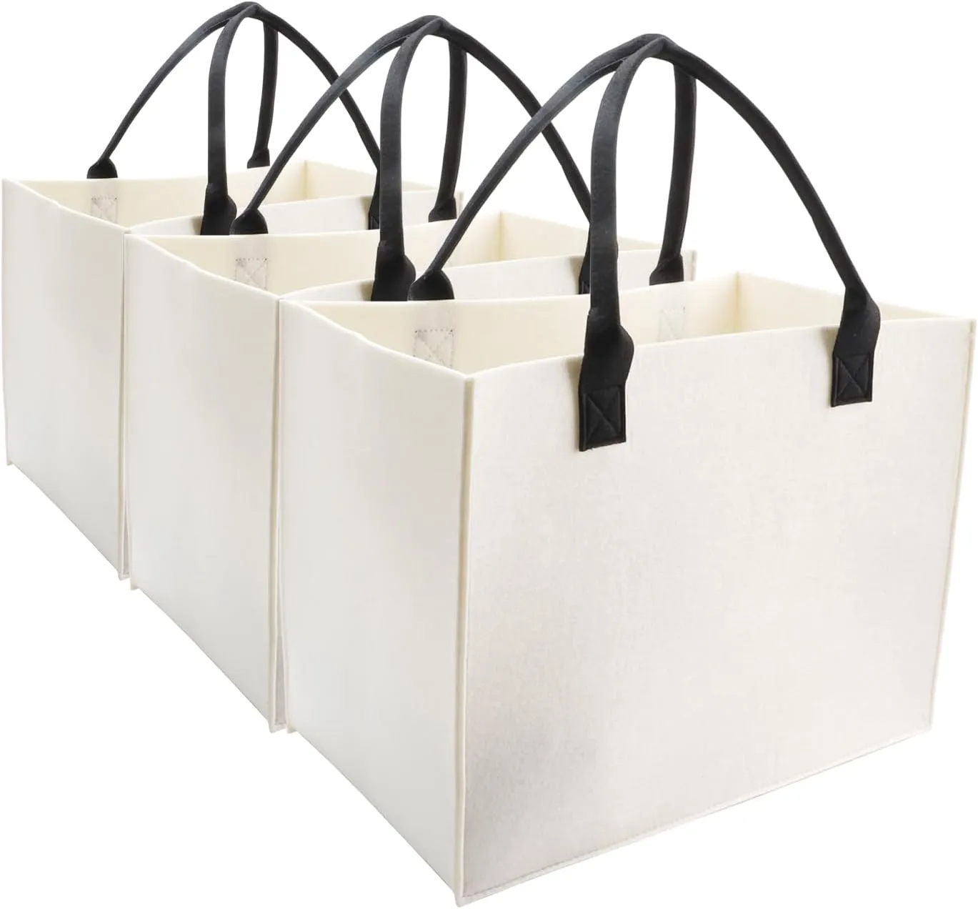 kaxilu Work Ladies Felt Handbag Reusable Bags, White 3pcs Large 16.5"x12.5"x10" Light Tote Shopping Felt Bags for Grocery, Beach, Travel, Study, Gym, DIY Gifts