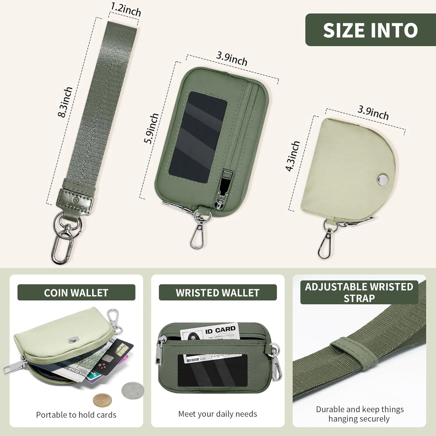 Keychain Wristlet Wallet for Women Zippered Dual Pouch Wristlet Nylon Coin Purse Small Wallet with Key Ring