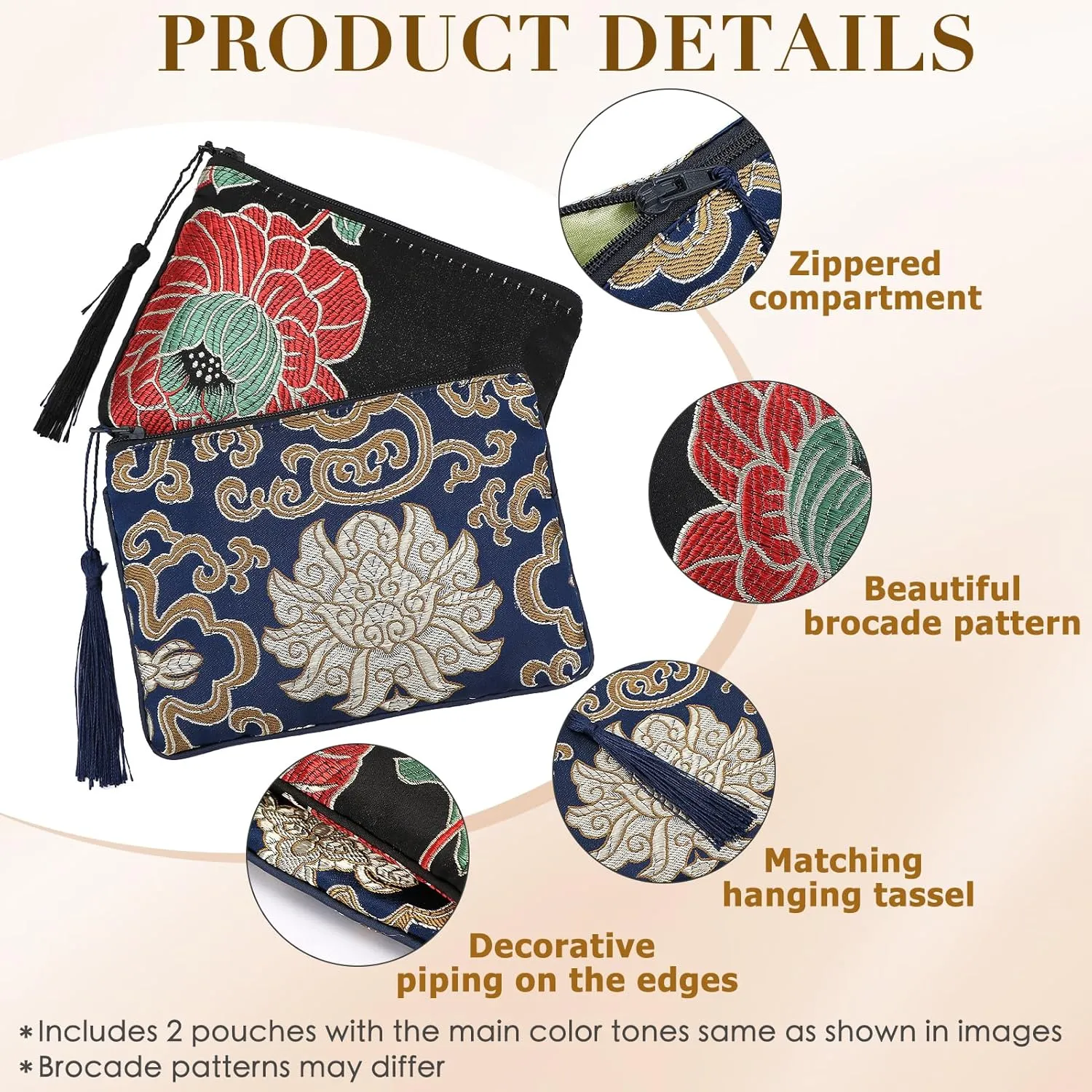 kilofly 2 pc Chinese Silk Brocade Padded Tassel Zipper Jewelry Bag Gift Pouch set2 A