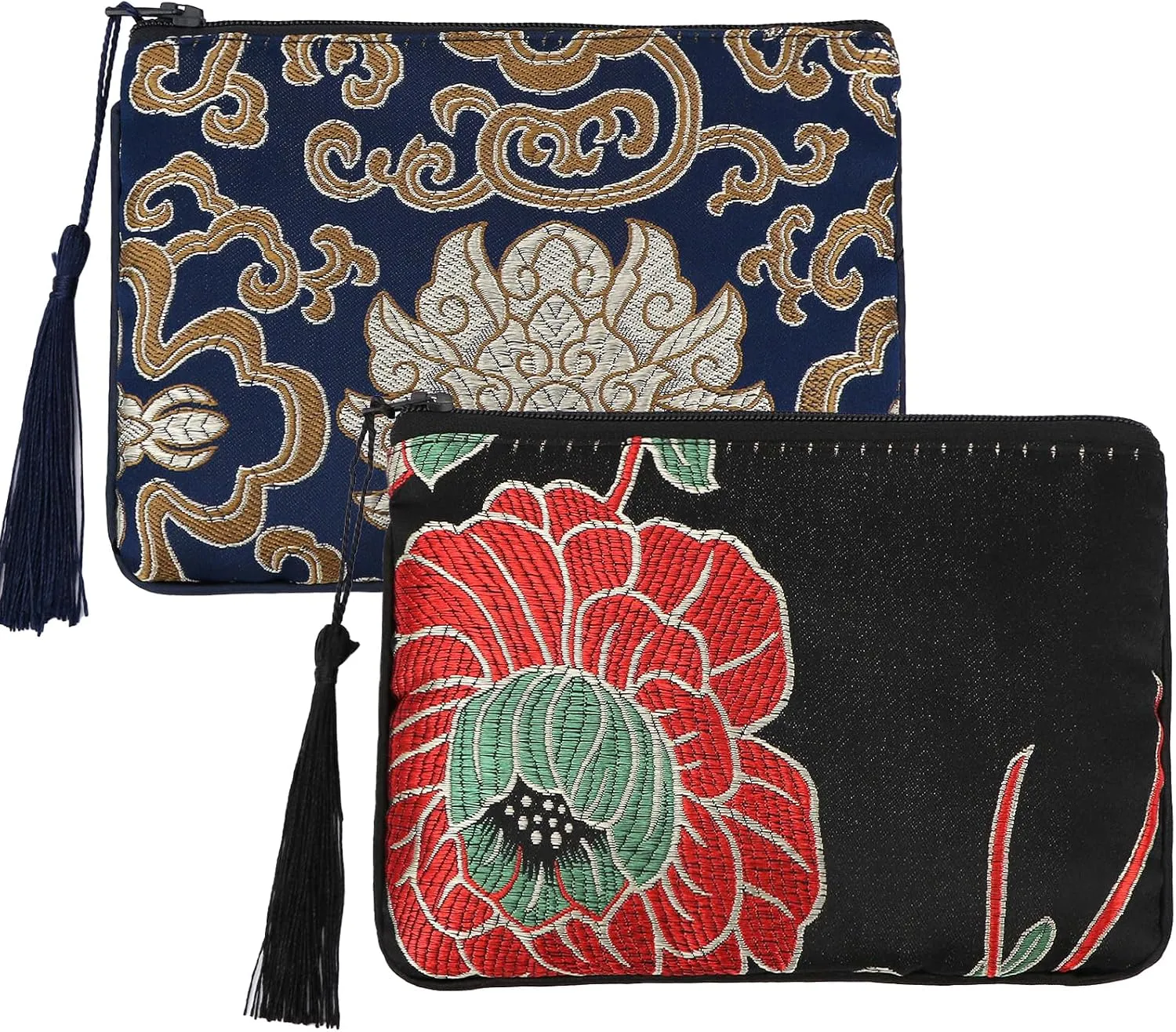 kilofly 2 pc Chinese Silk Brocade Padded Tassel Zipper Jewelry Bag Gift Pouch set2 A