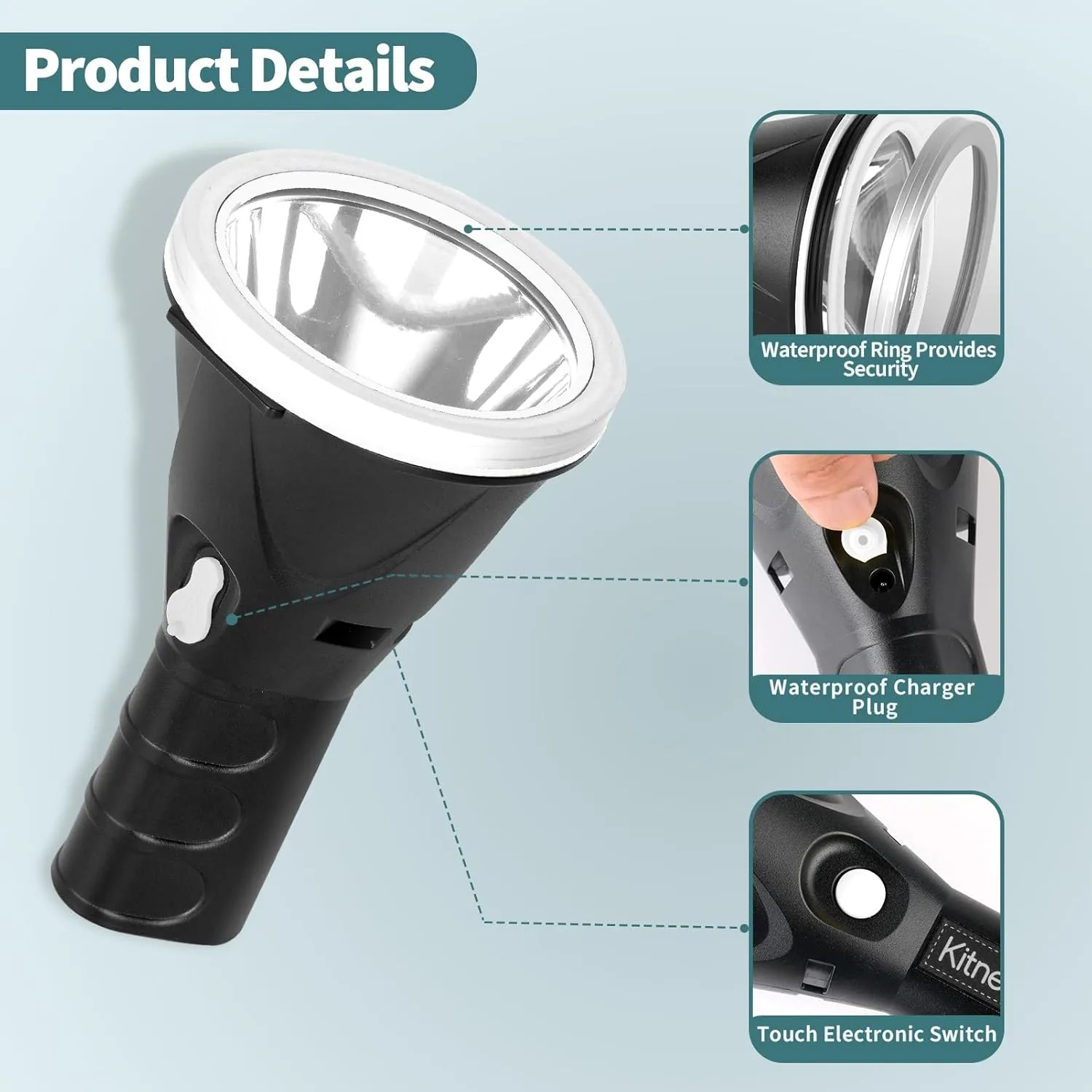 Kitness High Power Handheld Spotlight Rechargeable LED Flashlights Waterproof Searchlight Superbright Coon Hunting Lights Torch Flashlight (K382 Black White Light)