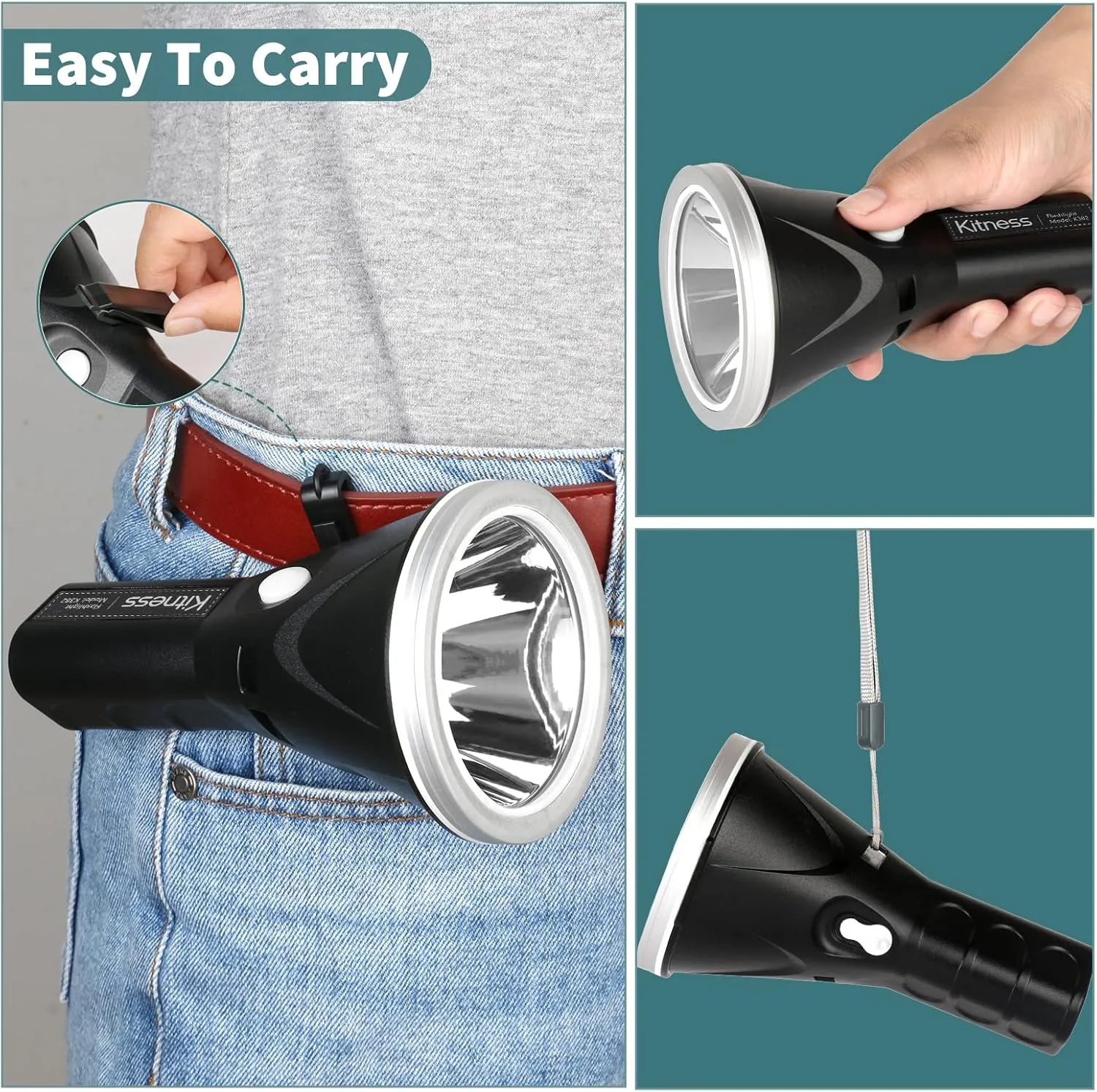 Kitness High Power Handheld Spotlight Rechargeable LED Flashlights Waterproof Searchlight Superbright Coon Hunting Lights Torch Flashlight (K382 Black White Light)
